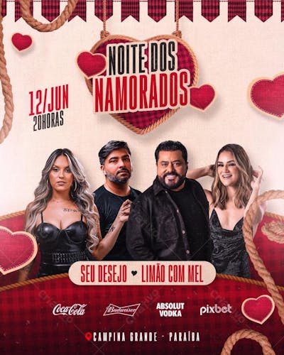 FLYER DIA DOS NAMORADOS PSD EDITÁVEL FEED NOITE DOS NAMORADOS