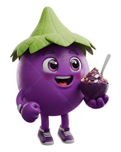 Mascote 3D de Açaí Cartoon Fundo Transparente IA