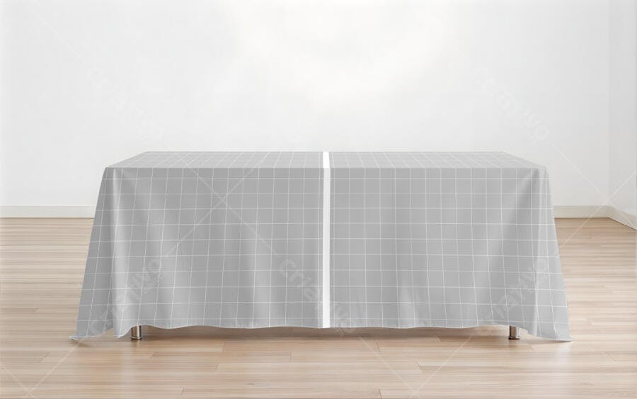 Mockup Mesa com Toalha Cinza e Quadriculado