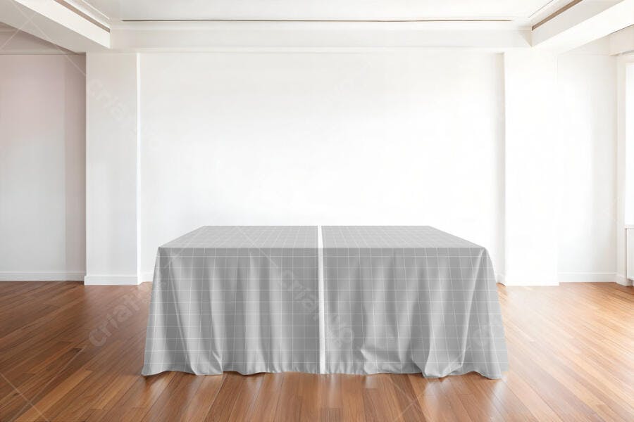 Mockup Mesa com Toalha Cinza Claro e Padronagem Quadriculada