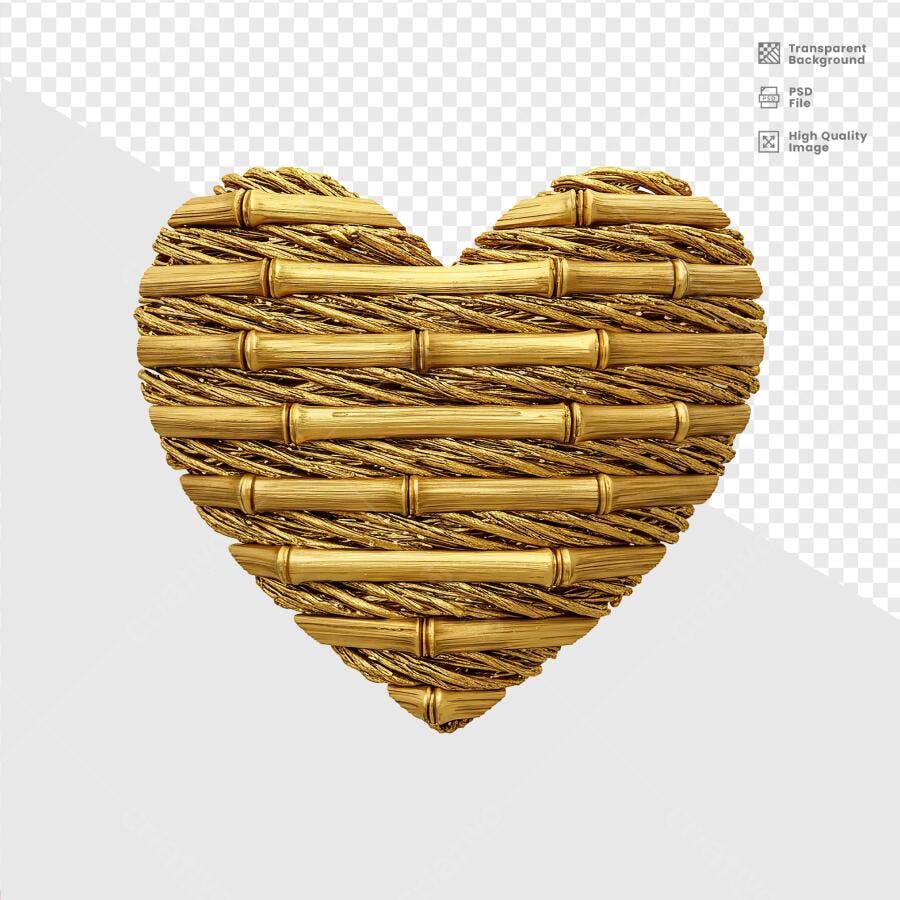 Arte em Bambu Dourado - Coração Dia dos Namorados PSD Editável