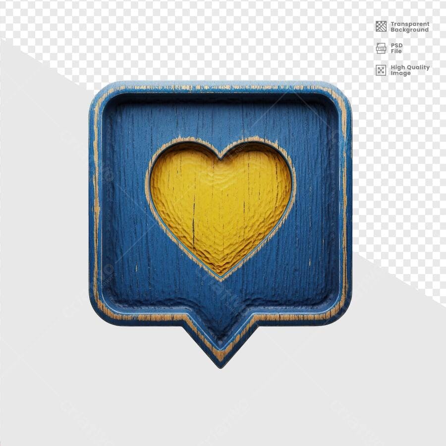 Ícone de Coração em Madeira Azul e Amarelo PSD Editável