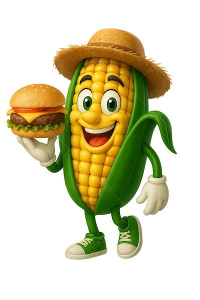Milho Com Hamburguer na Mão Sorrindo PNG