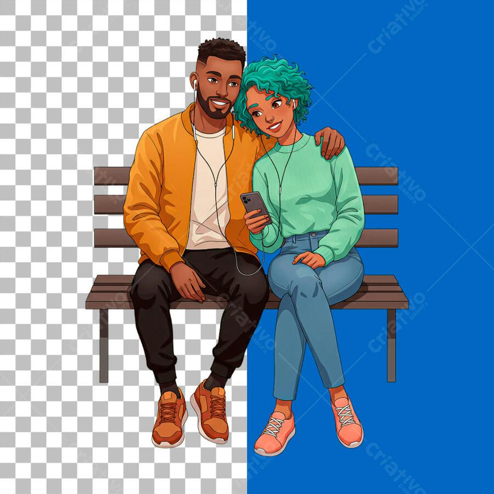 Casal de namorados sentados no banco com um fone de ouvido e celular PSD EDITÁVEL
