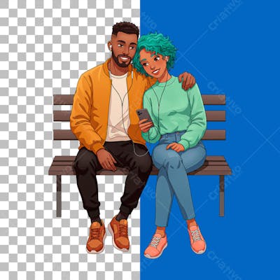Casal de namorados sentados no banco com um fone de ouvido e celular PSD EDITÁVEL