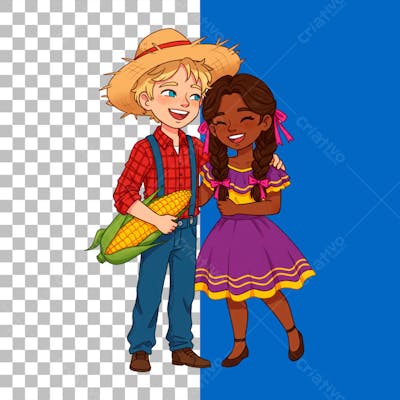 Casal de namorados apaixonados em estilo festa junina segurando milho PSD EDITÁVEL