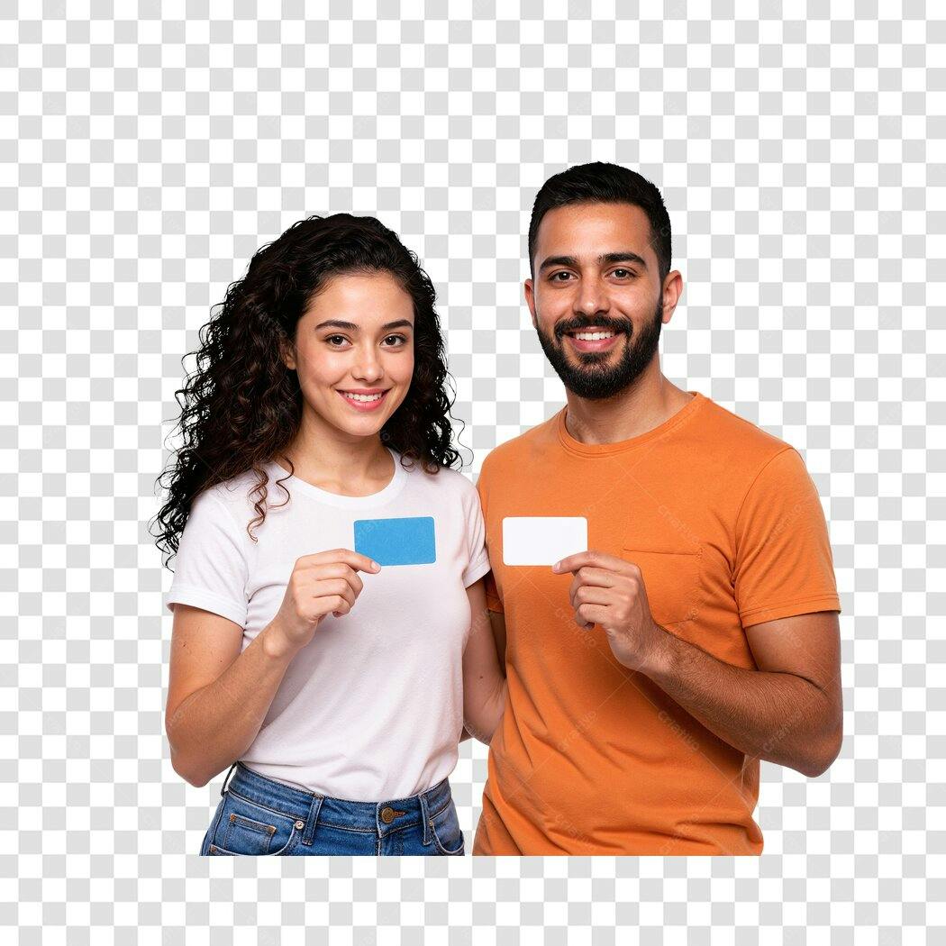 Banner casal segurando cartão PNG com fundo transparente
