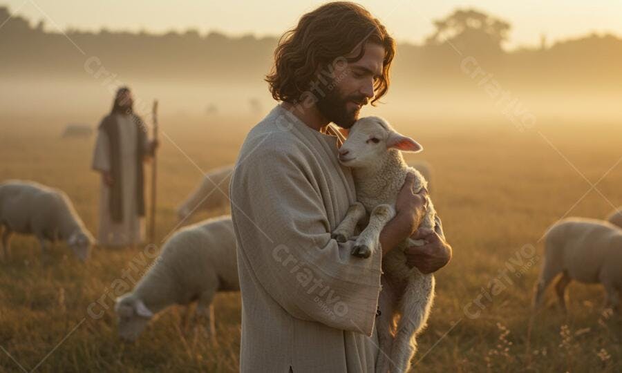 Pastor segurando cordeiro ao amanhecer