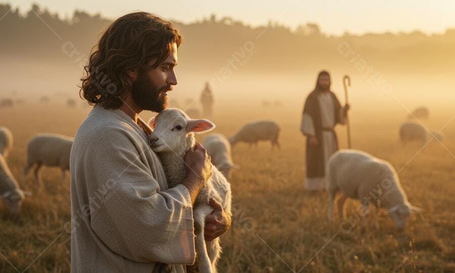 Pastor abraçando cordeiro ao amanhecer