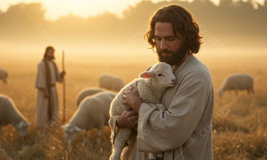 Jesus segurando cordeiro ao amanhecer