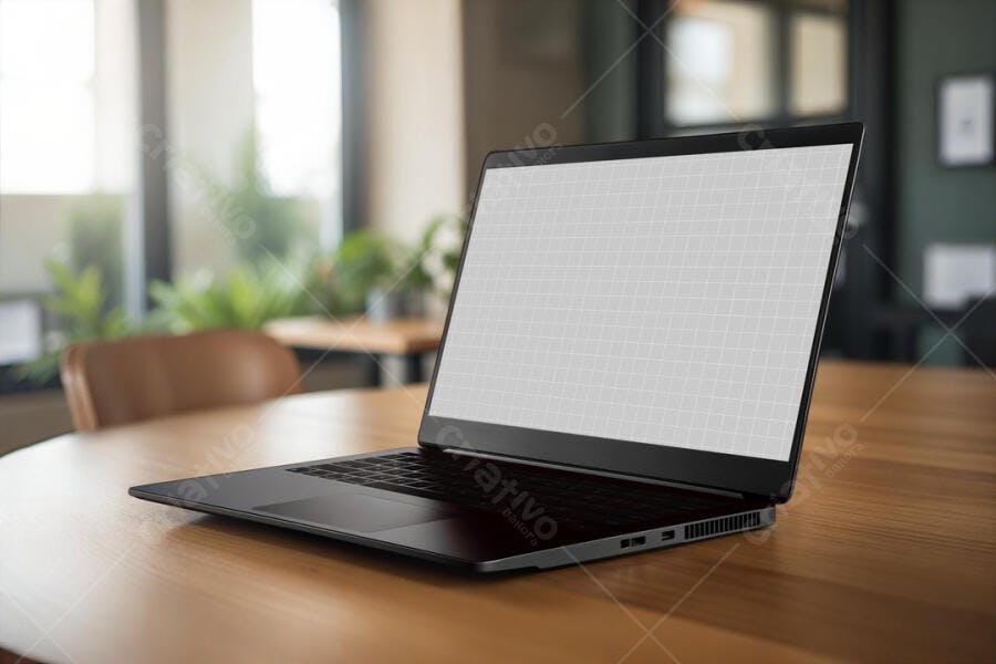 Mockup Notebook Preto Moderno em Mesa de Madeira