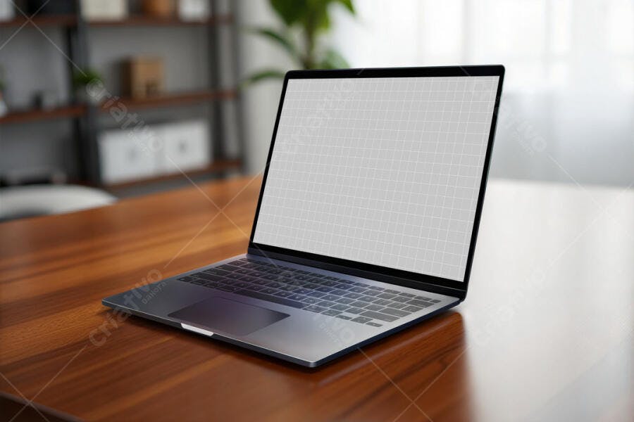 Mockup Notebook Moderno em Mesa de Madeira