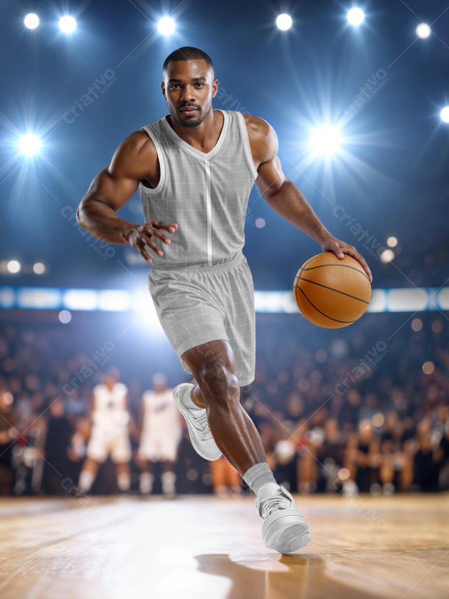 Mockup Uniforme Basquete Cinza: Atleta Negro em Quadra