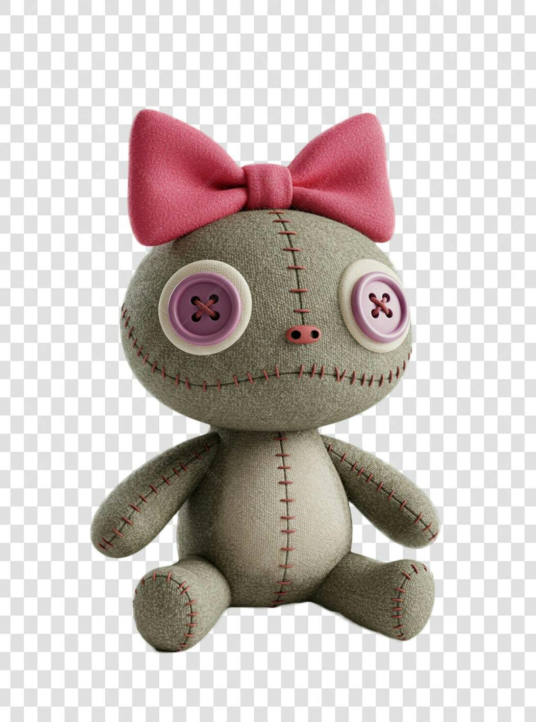 PNG Boneco de Pano Cinza com Laço Rosa para Artesanato