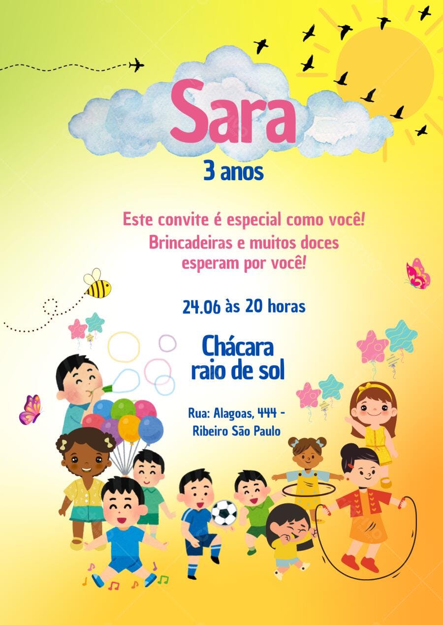 Convite de Aniversário Infantil Festa na Chácara Amarelo e Rosa Editável no Canva