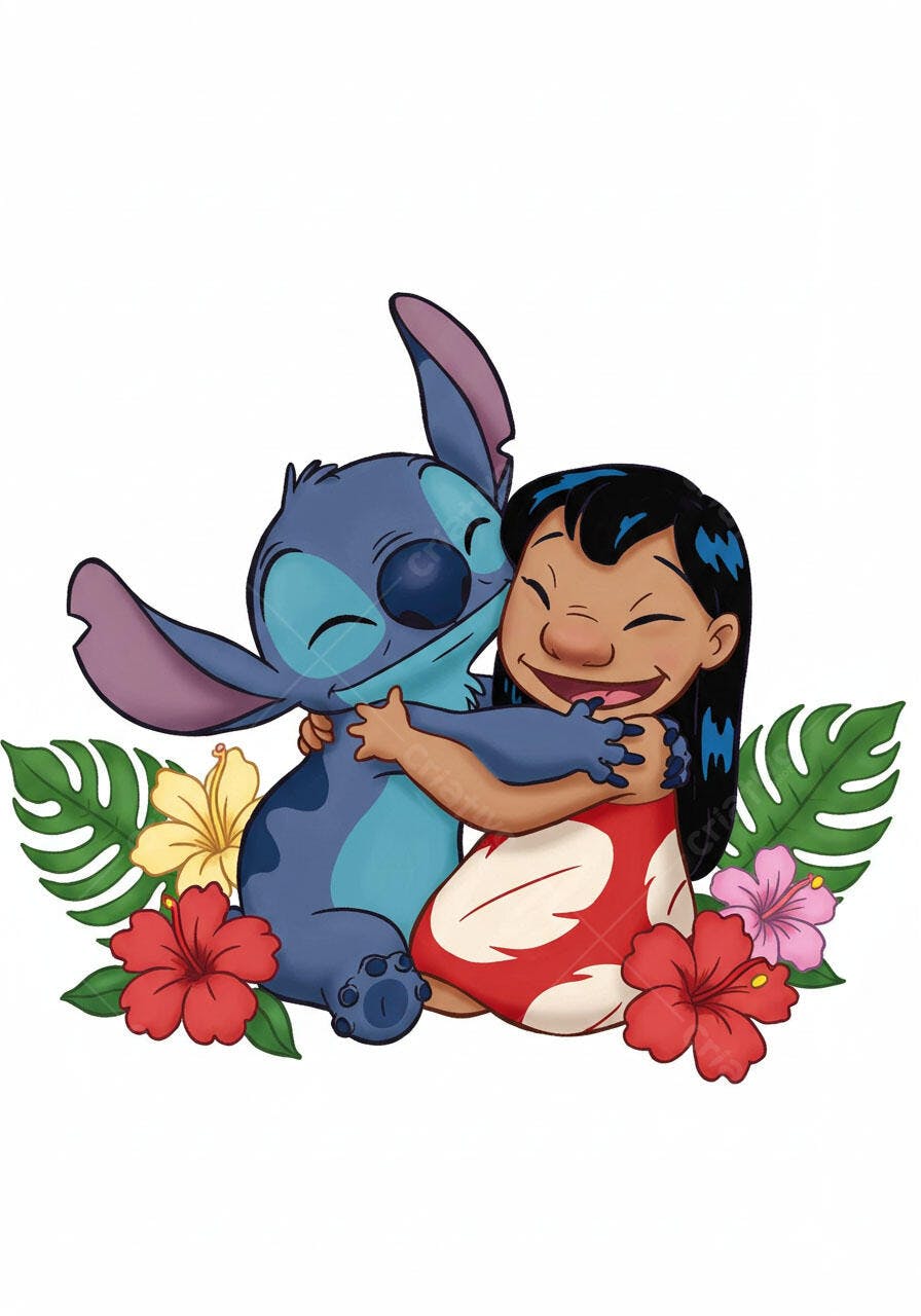 Stitch e Lilo em abraço com flores tropicais
