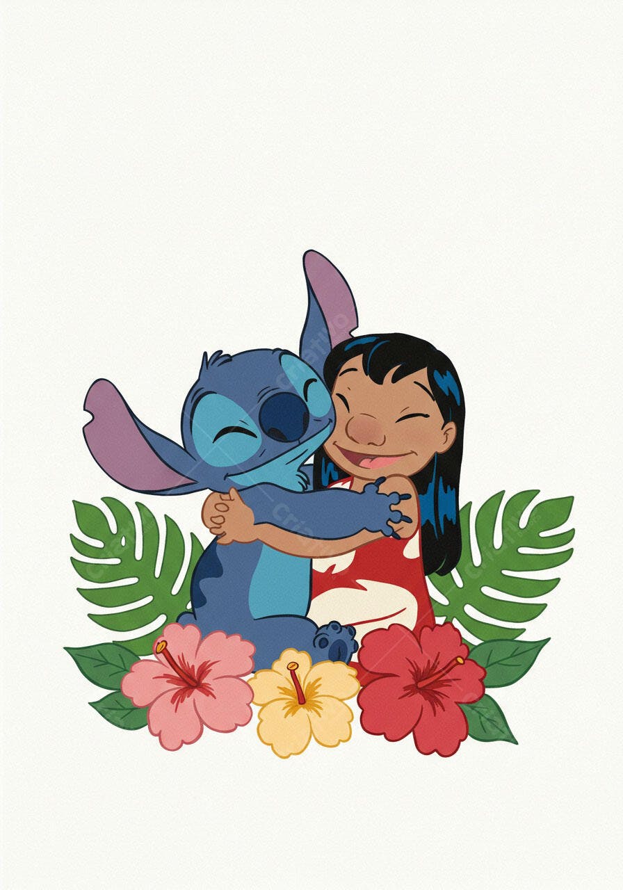 Stitch e Lilo abraçados flores havaianas
