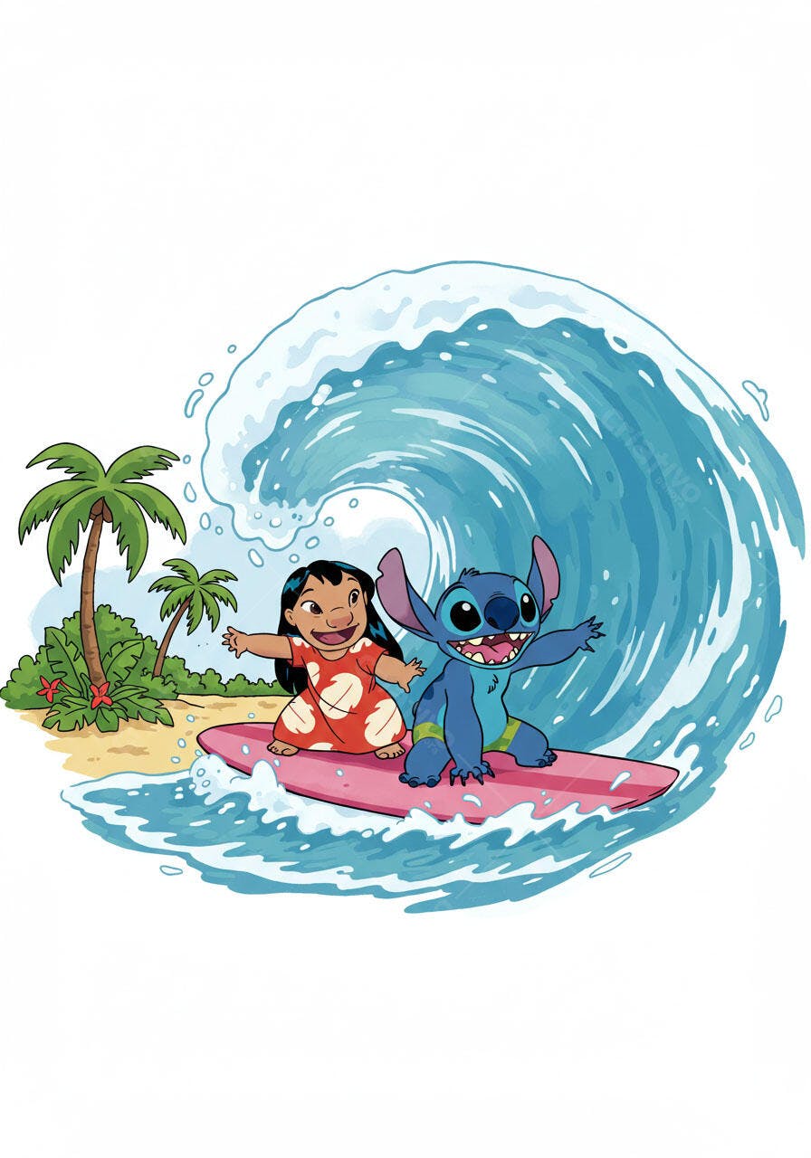 Lilo e Stitch surfando onda gigante praia tropical