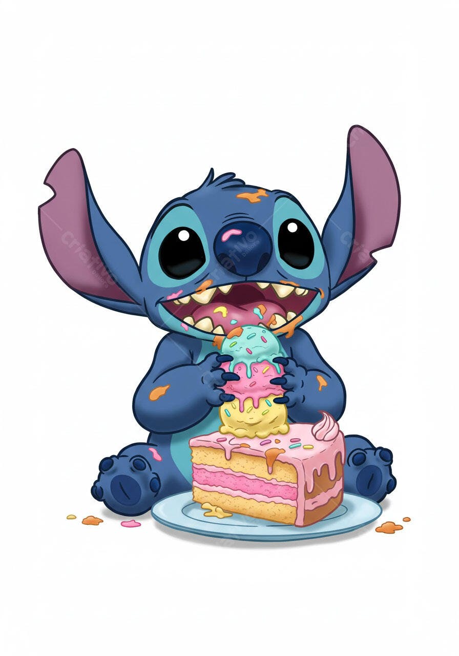 Stitch comendo bolo e sorvete