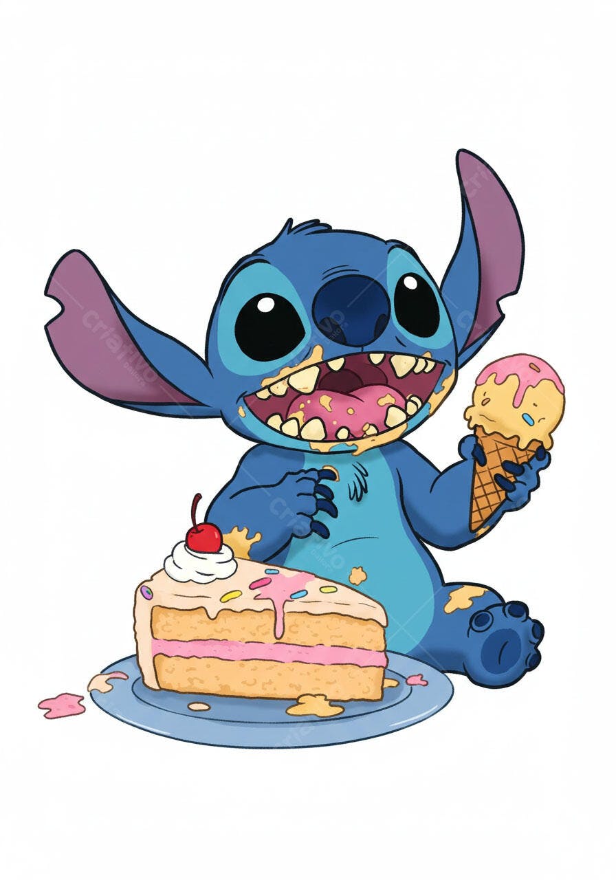 Stitch comendo bolo e sorvete