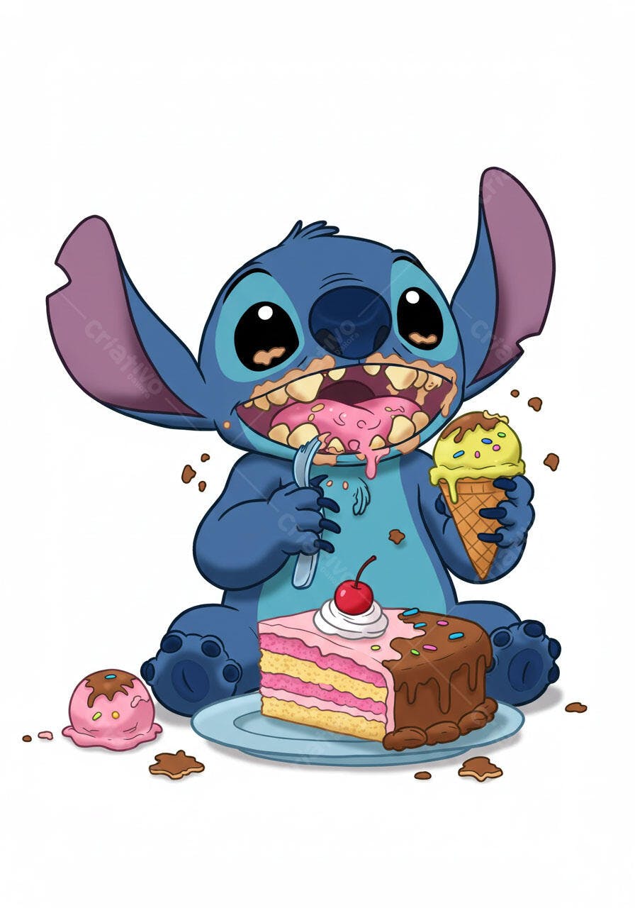 Stitch comendo bolo e sorvete