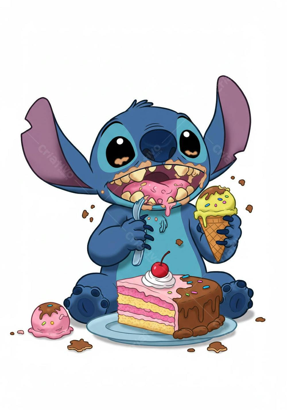 STITCH COMENDO BOLO E SORVETE