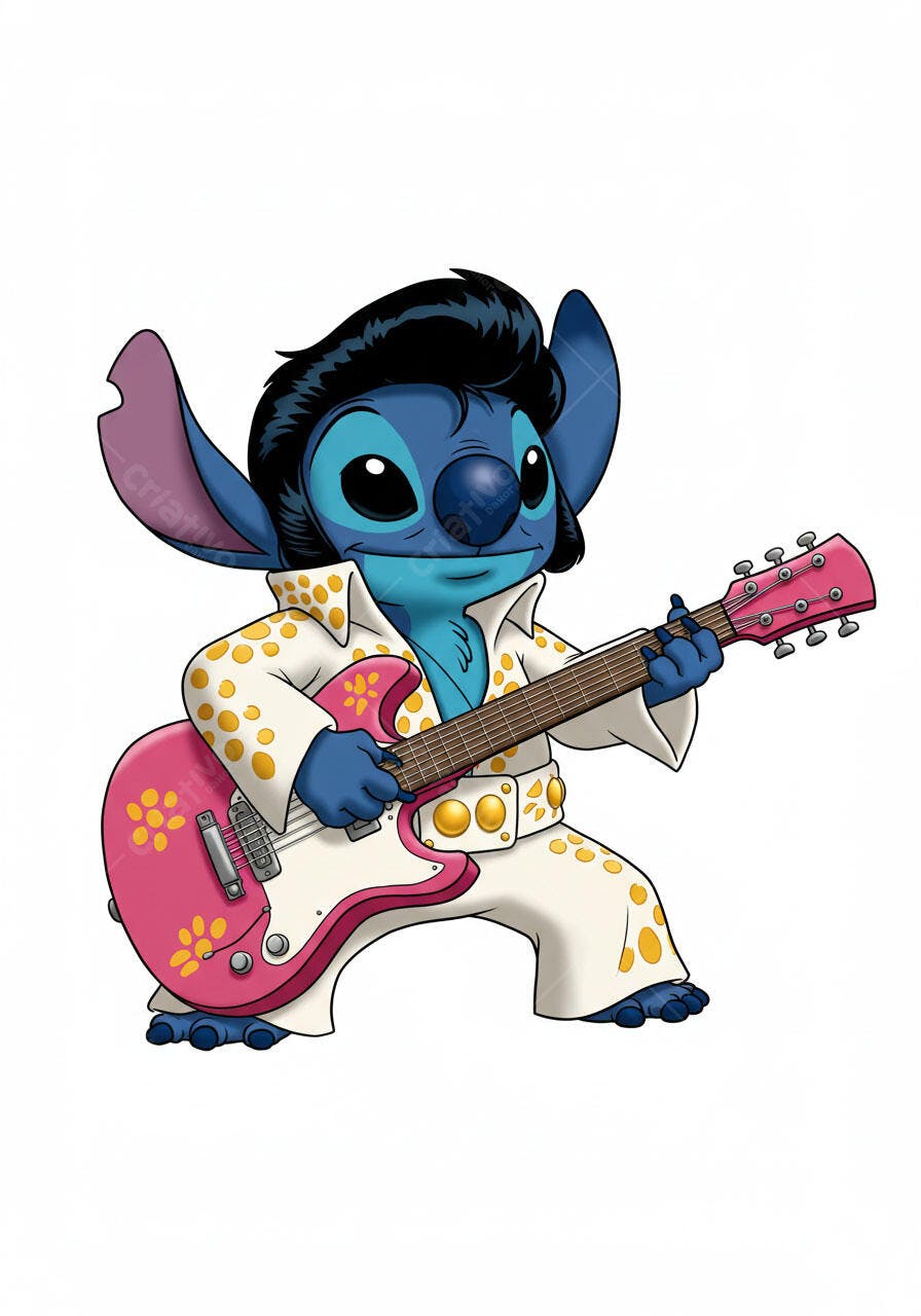 Stitch estilo Elvis tocando guitarra rosa
