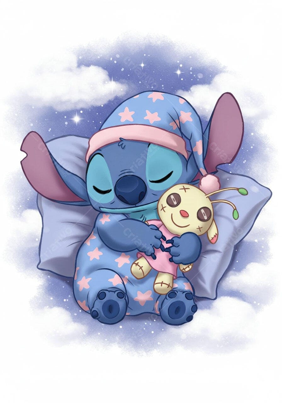 Stitch dormindo com seu brinquedo no céu noturno