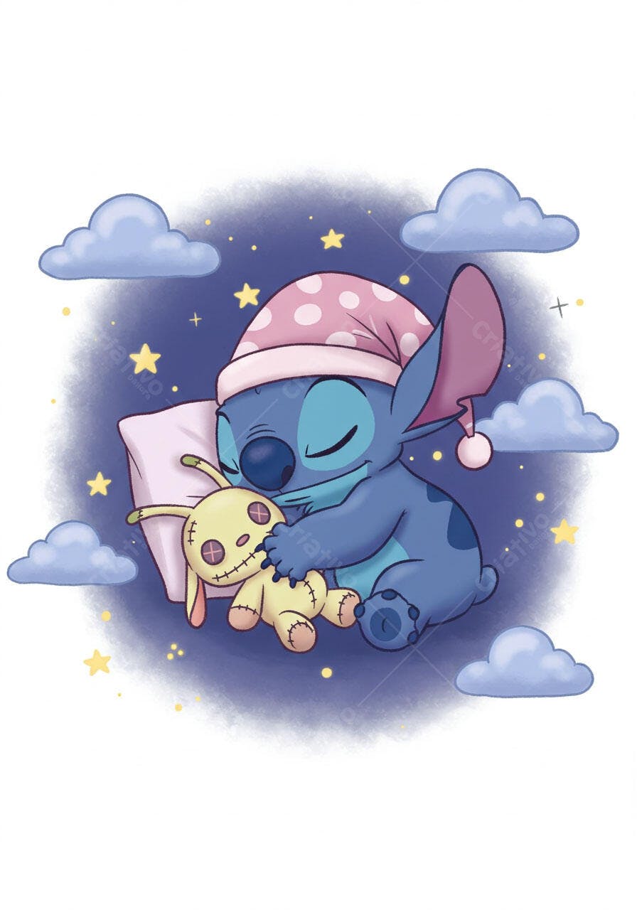 Stitch dormindo com seu bichinho de pelúcia