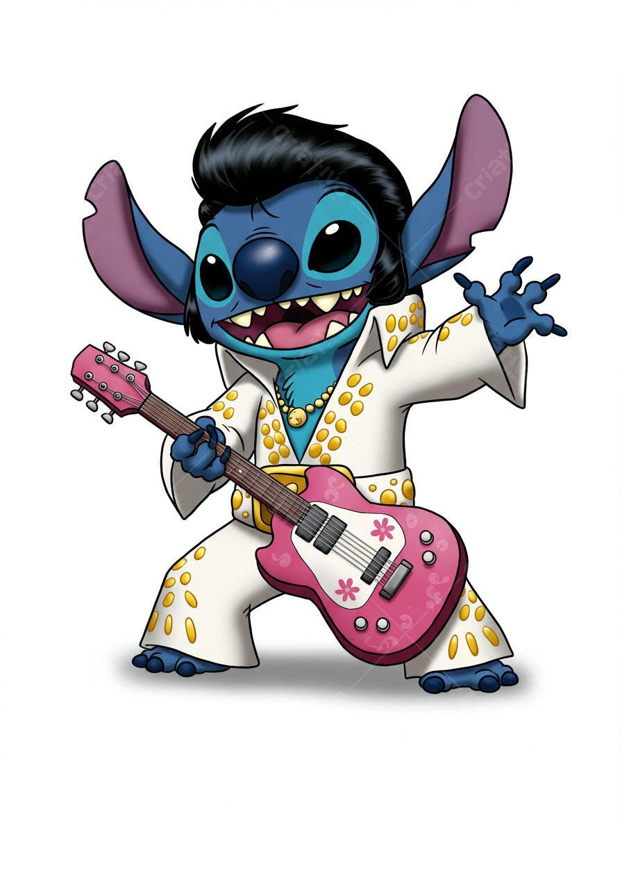Stitch como Elvis tocando guitarra rosa