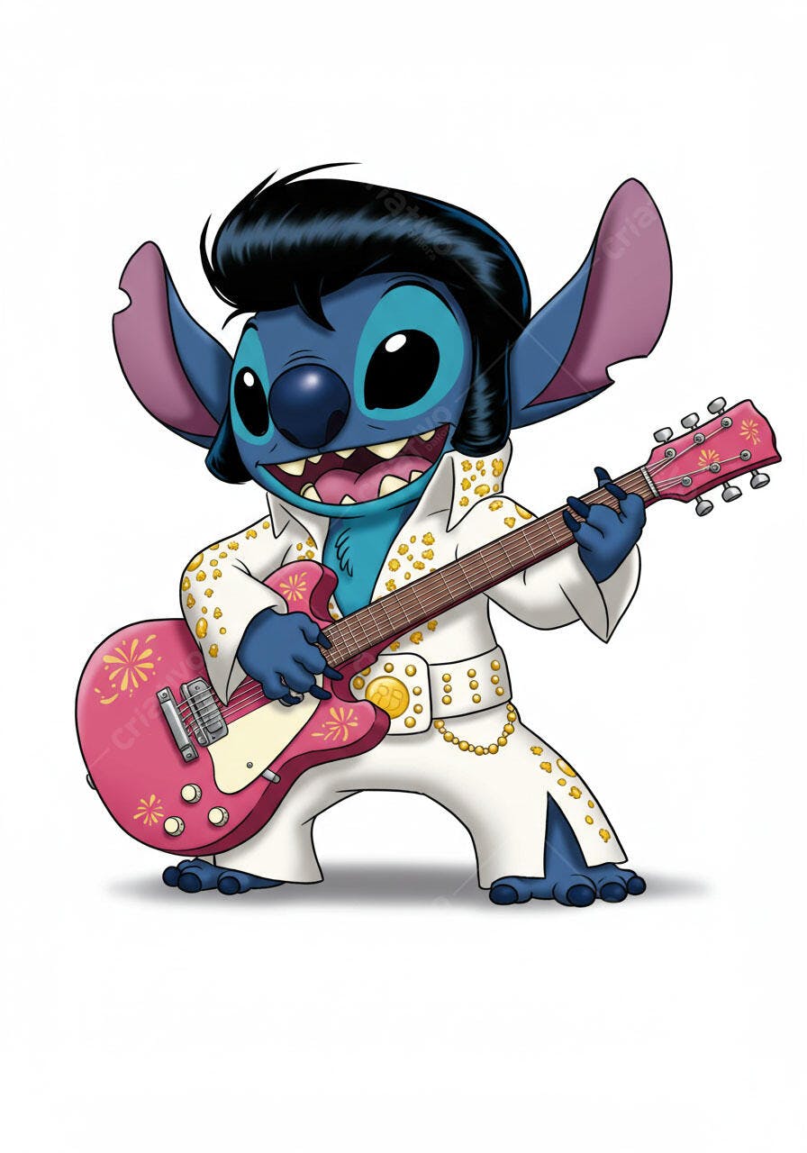 Stitch estilo Elvis tocando guitarra rosa