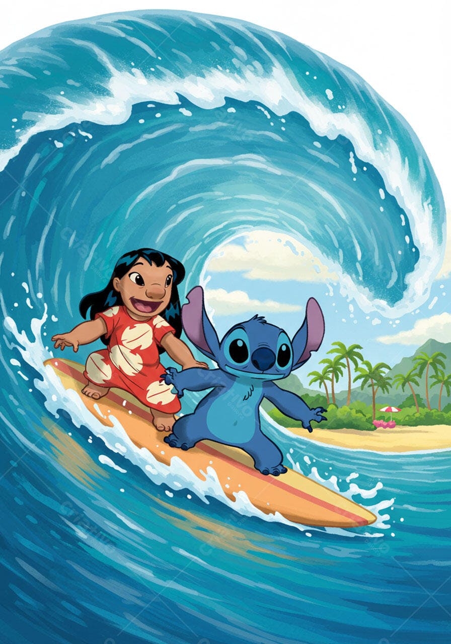 Lilo e Stitch surfando onda gigante havaiana