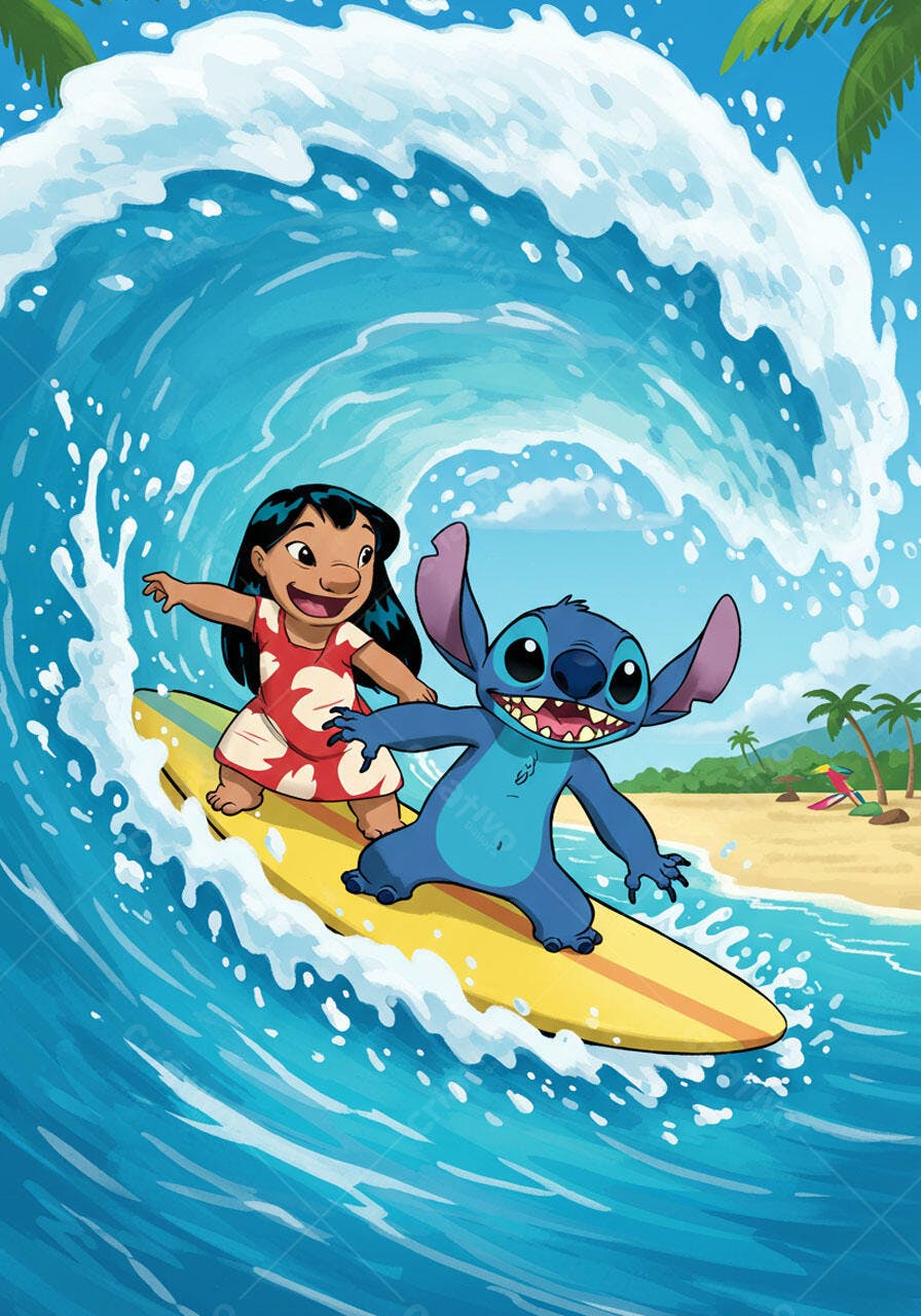 Lilo e Stitch surfando onda gigante praia tropical