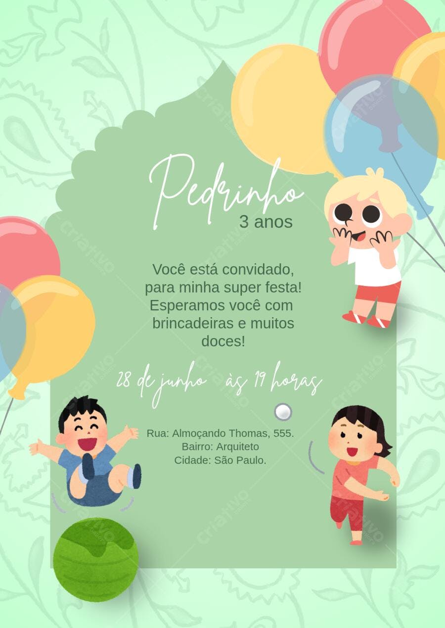 Convite de Aniversário Infantil com Balões Pastel Editável no Canva