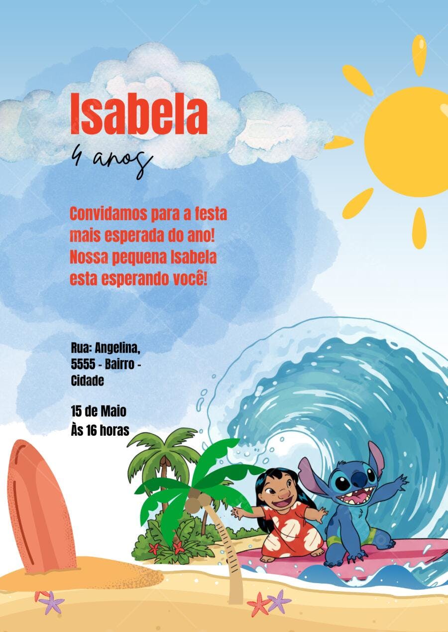 Convite de Aniversário Infantil Lilo e Stitch Havaiano Editável no Canva
