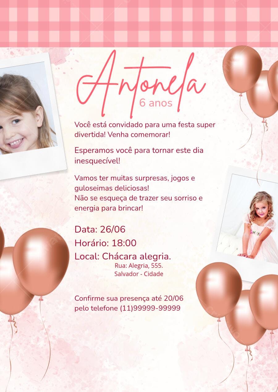 Convite de Aniversário Rosa e Dourado para Menina Editável no Canva