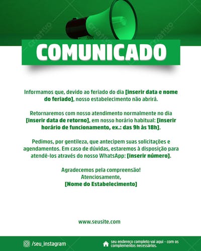 Template de comunicado de feriado
