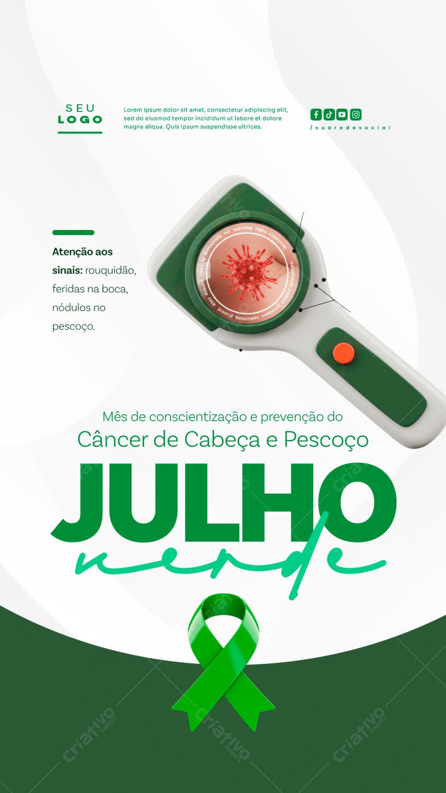 Flyer Julho Verde - Mês de Conscientização do Câncer de Cabeça e Pescoço PSD Editável