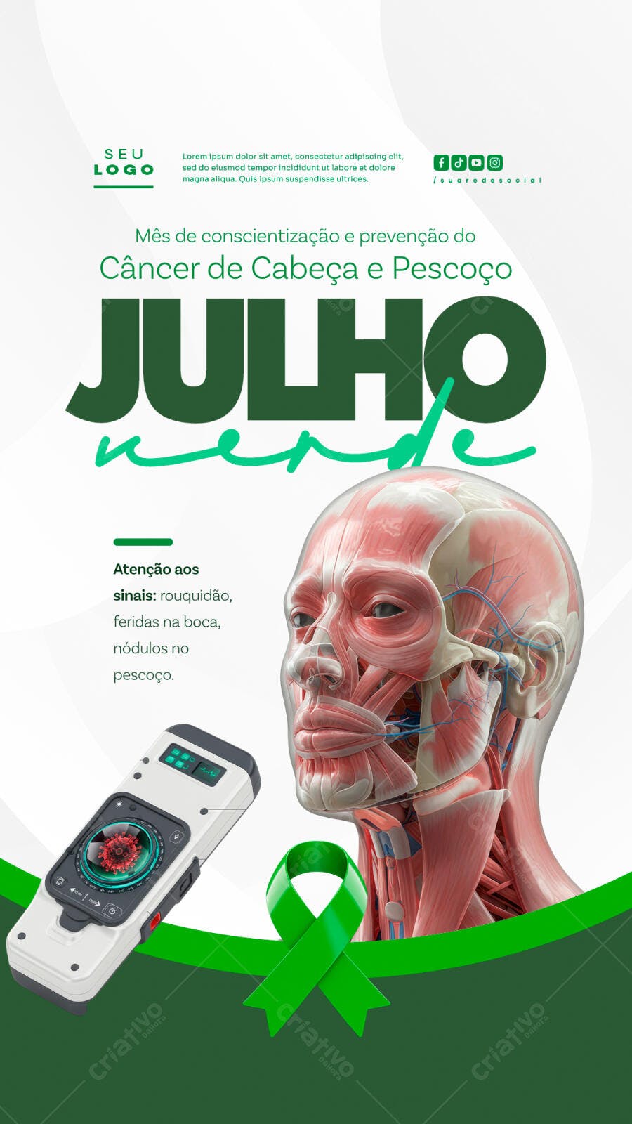 Flyer Julho Verde - Conscientização Câncer de Cabeça e Pescoço PSD Editável