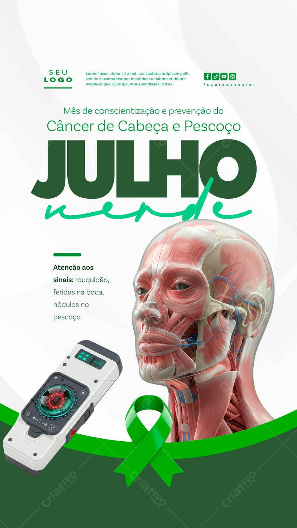 Julho Verde campanha de saúde combate e conscientização ao Câncer de Cabeça e Pescoço Laço verde story (3)