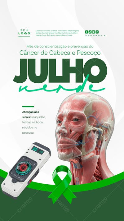 Julho Verde campanha de saúde combate e conscientização ao Câncer de Cabeça e Pescoço Laço verde story (3)