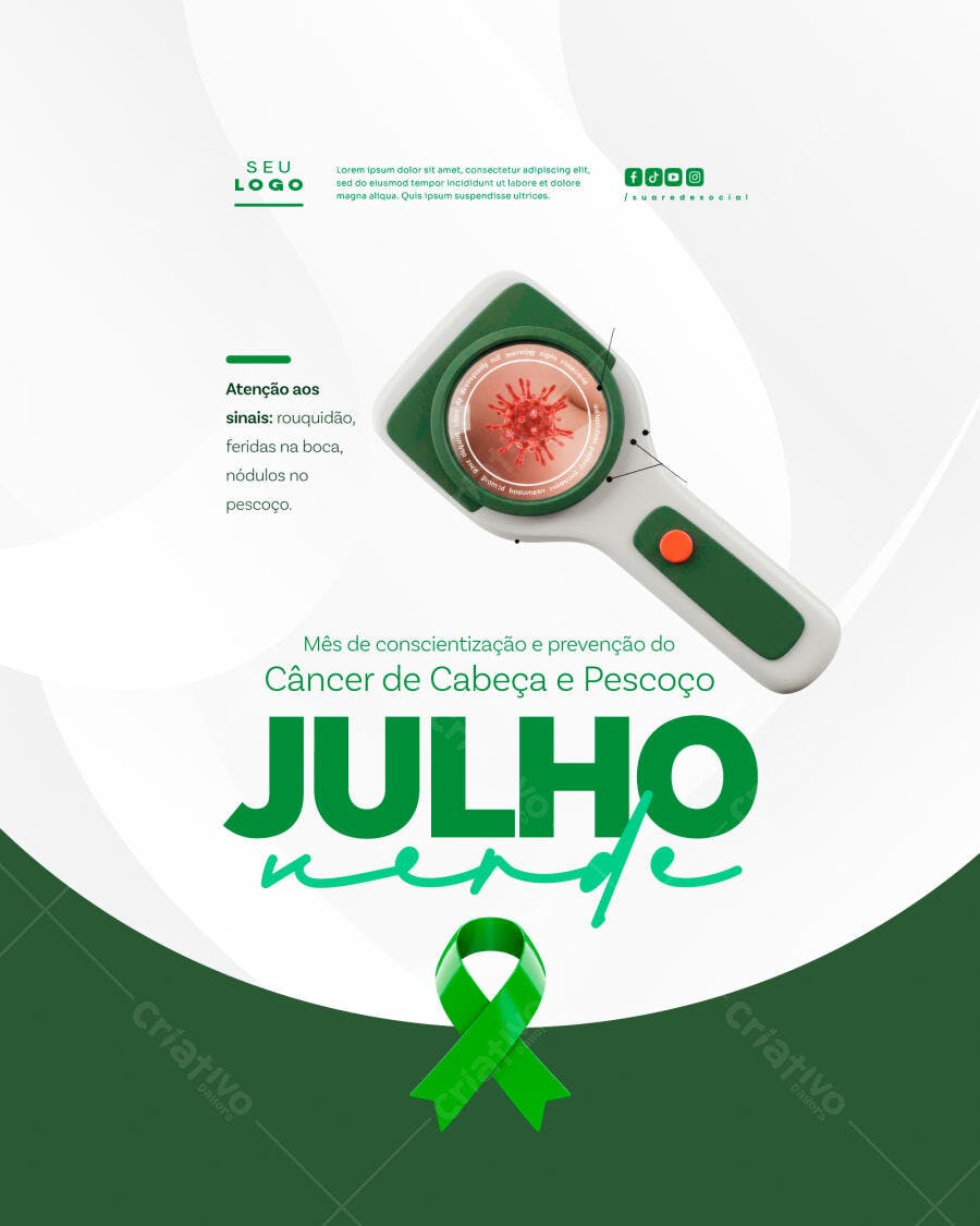 Flyer Julho Verde - Conscientização Câncer de Cabeça e Pescoço PSD Editável