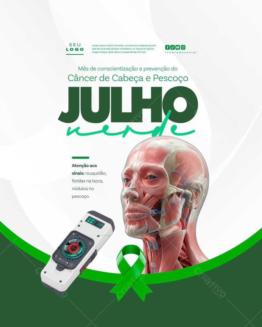 Flyer Julho Verde - Conscientização Câncer de Cabeça e Pescoço PSD Editável