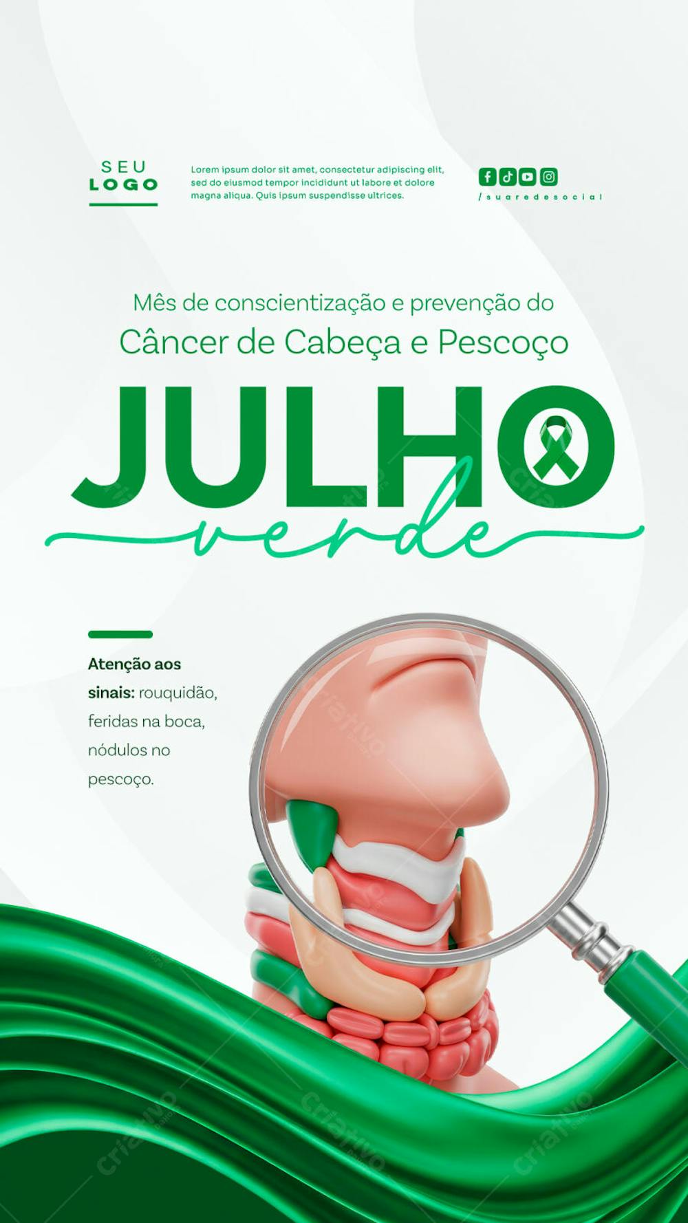 Julho Verde campanha de saúde combate e conscientização ao Câncer de Cabeça e Pescoço Laço verde story (1)