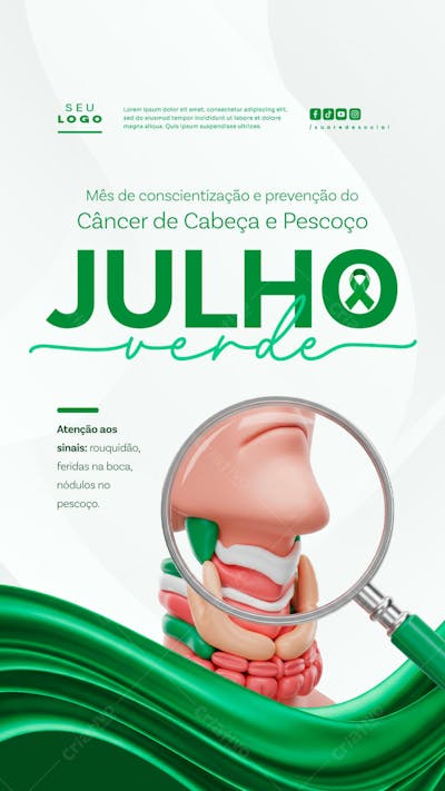 Julho Verde campanha de saúde combate e conscientização ao Câncer de Cabeça e Pescoço Laço verde story (1)