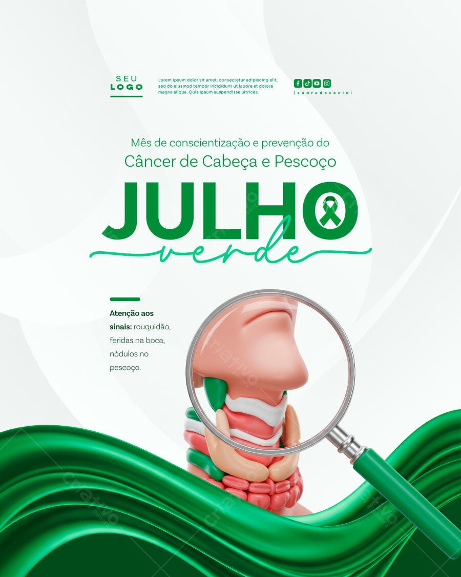 Flyer Julho Verde - Conscientização Câncer de Cabeça e Pescoço PSD Editável