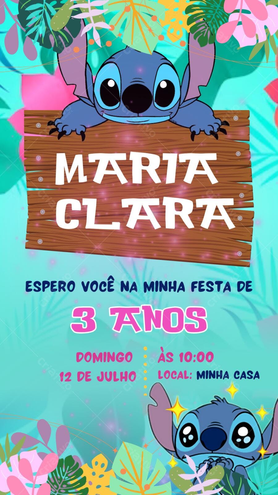 Convite de Aniversário Infantil Stitch Rosa e Azul Editável no Canva