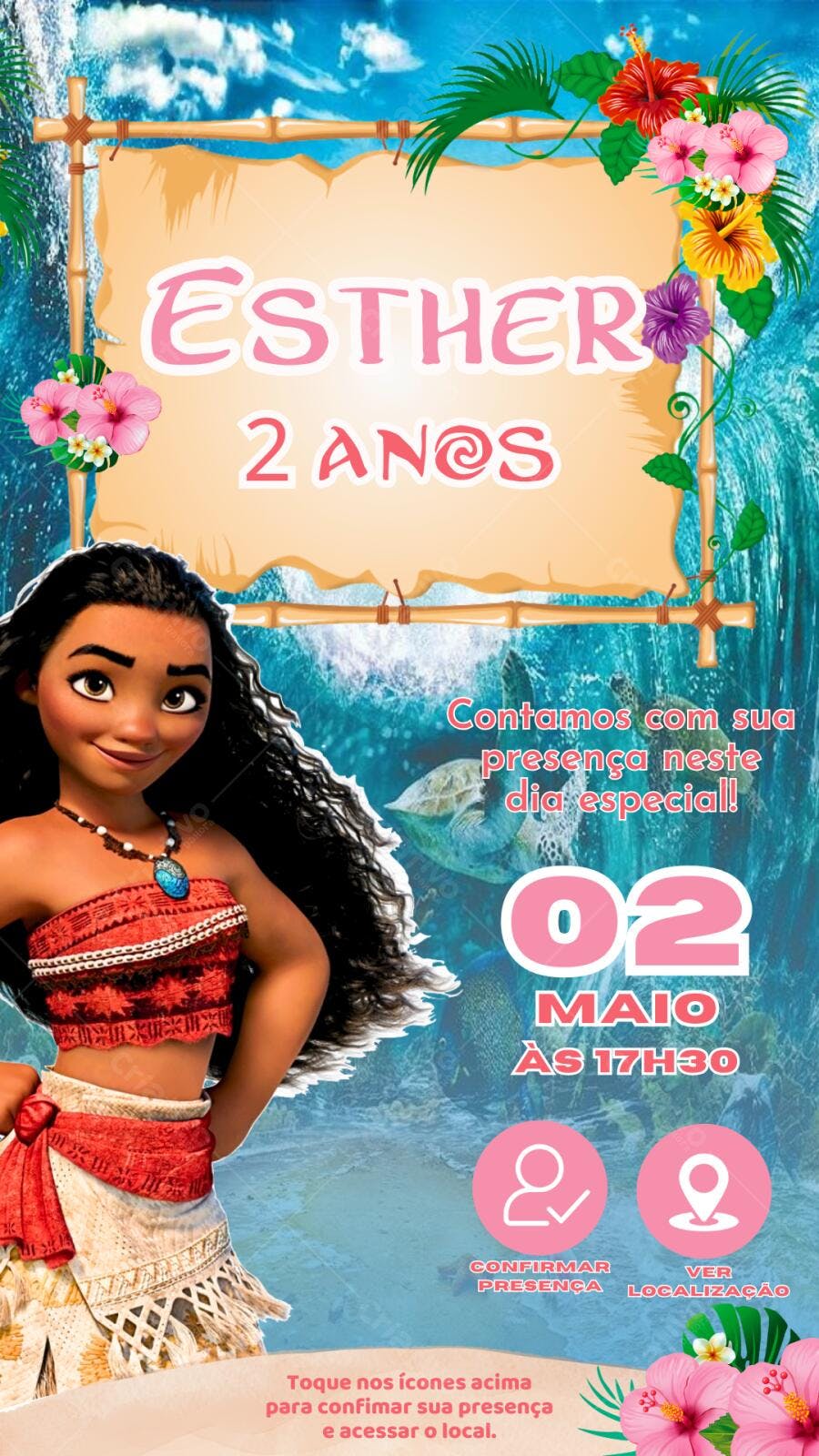 Convite Aniversário Infantil Moana Cores vibrantes Editável no Canva