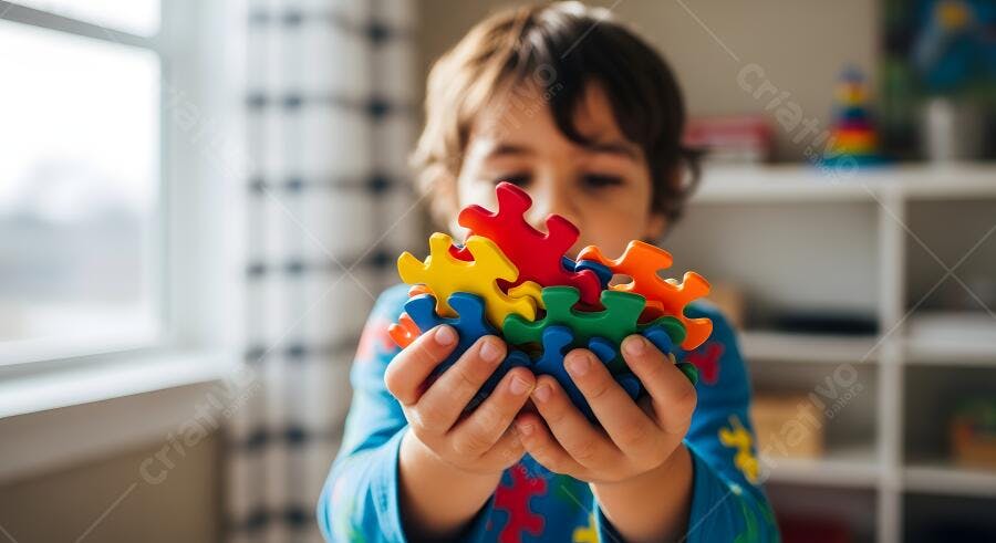 Criança segurando peças de quebra-cabeça coloridas