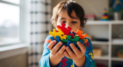 Criança Segurando Peças de Quebra Cabeça Simbolo de Autismo